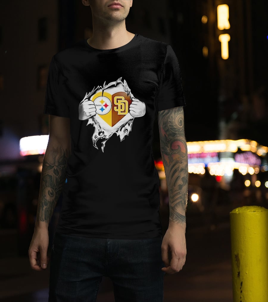 Pittsburgh Steelers San Diego Padres Heart Superman Chest Rip T-Shirt