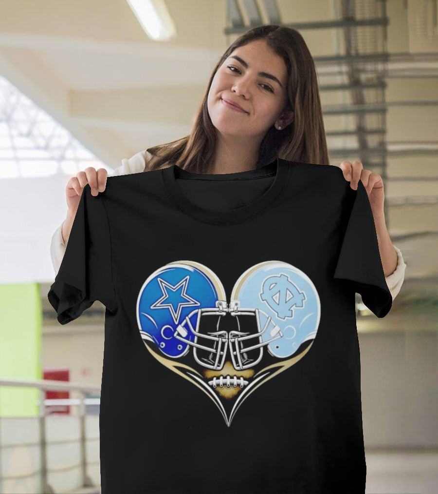 Dallas Cowboys North Carolina Tar Heels Heart Helmet Football T-Shirt