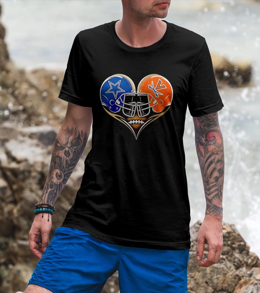 Dallas Cowboys Virginia Cavaliers Heart Helmet Football Fusion T-Shirt