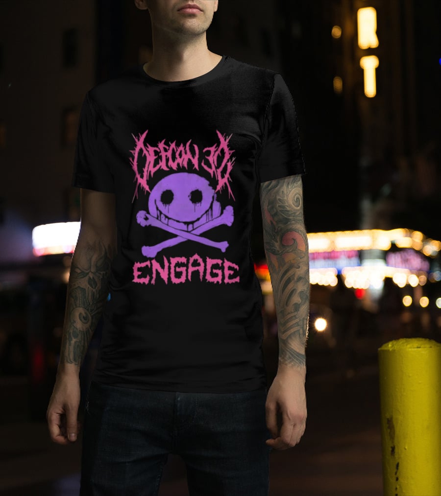 Defcon 30 Engage Purple Metal Skull Smiley T-Shirt