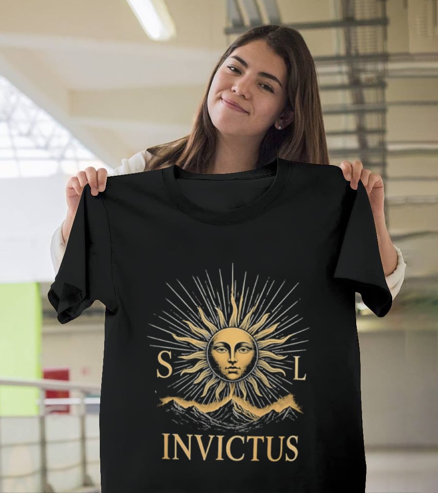 Sol Invictus Sun Face With Radiant Beams And Mountain Celestial T-Shirt