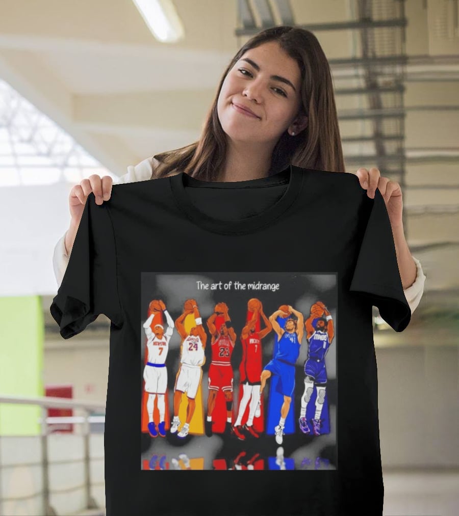 The Art Of The Midrange Basketball Legends Collage Knicks Lakers Bulls Rockets Mavericks T-Shirt