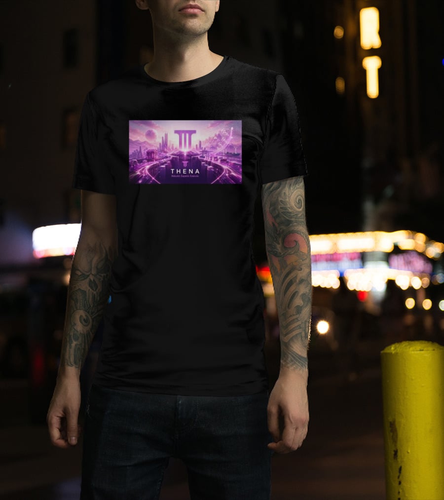 Thena Rebuild Expand Execute Futuristic Cityscape With Purple Skyline And Skyscrapers T-Shirt