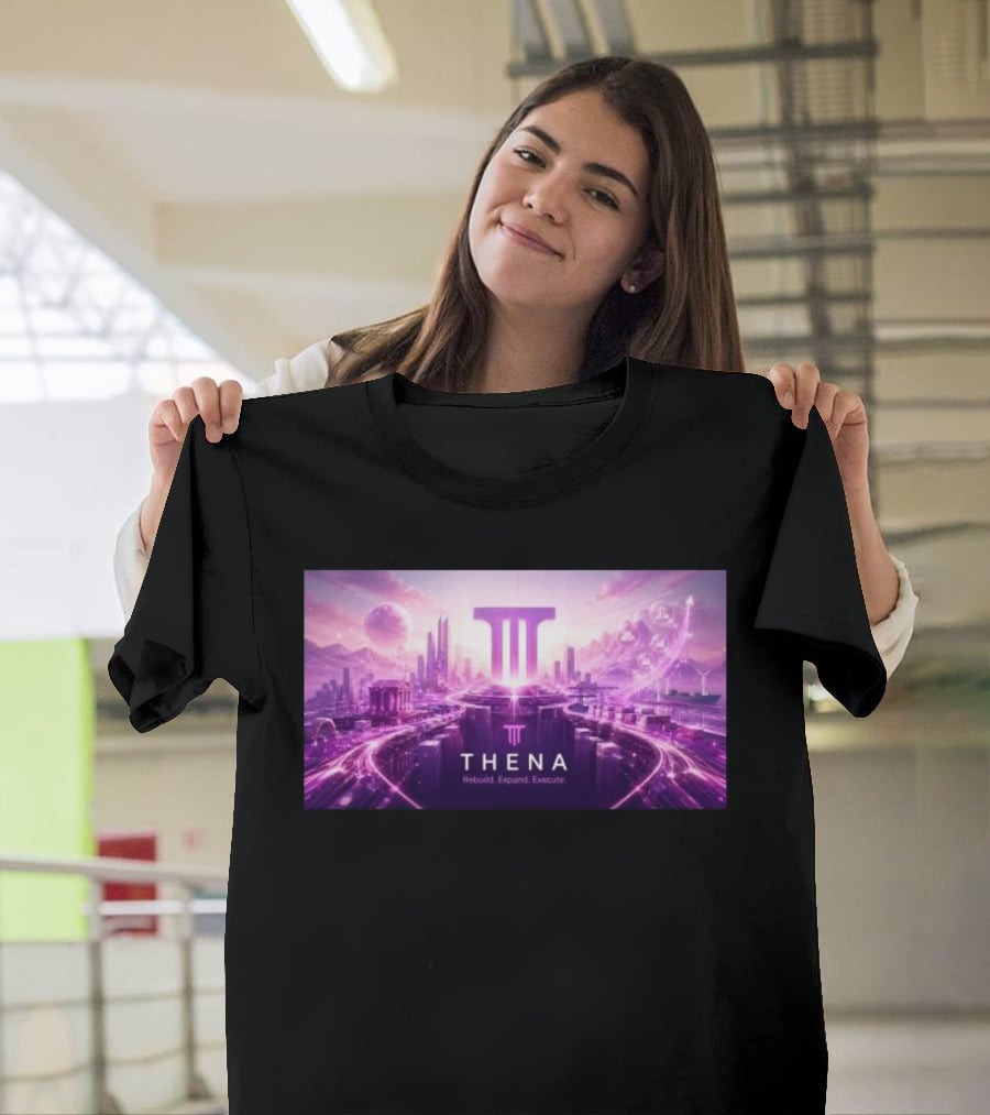 Thena Rebuild Expand Execute Futuristic Cityscape With Purple Skyline And Skyscrapers T-Shirt
