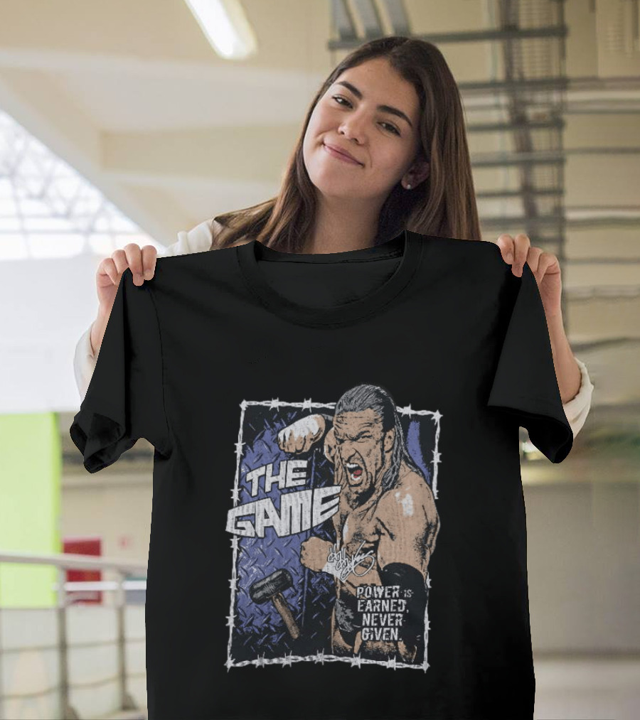Triple H The Game WWE Power Is Earned Never Given Barbed Wire Signature Sledgehammer T-Shirt