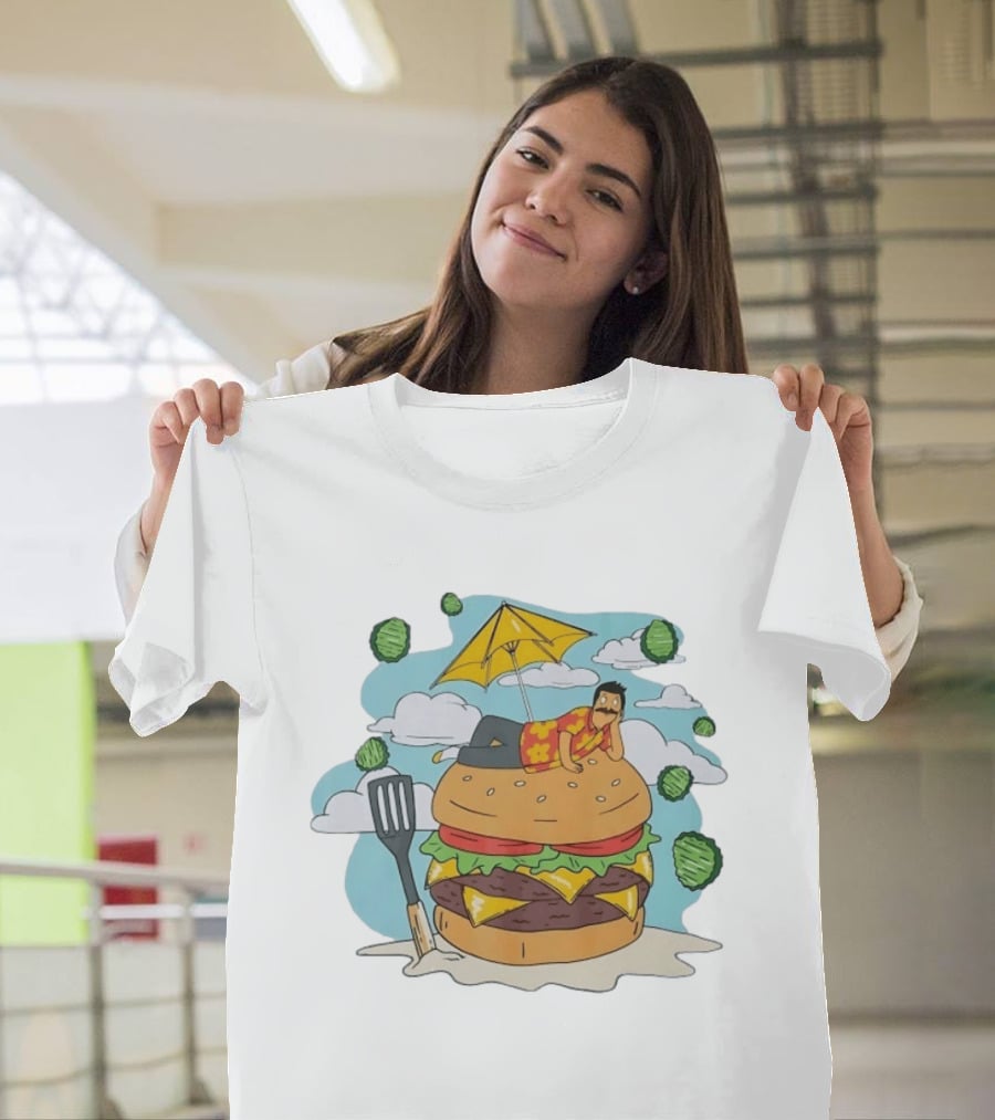 Bob Belcher Relaxing On Giant Burger With Lettuce Clouds And Spatula Bob's Burgers T-Shirt