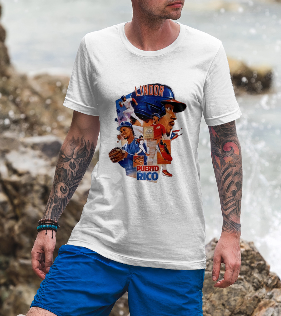 Francisco Lindor Puerto Rico New York Mets Baseball Legend Blue And Orange Helmet Dynamic Action Moves T-Shirt