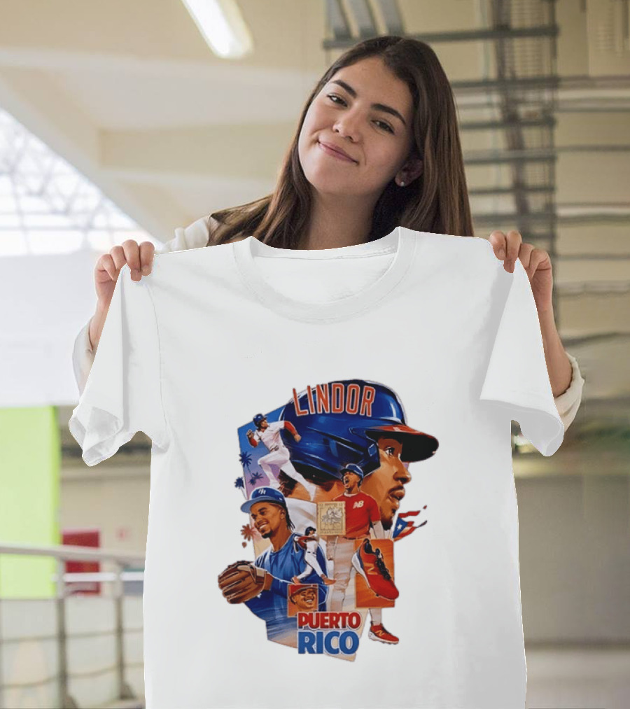 Francisco Lindor Puerto Rico New York Mets Baseball Legend Blue And Orange Helmet Dynamic Action Moves T-Shirt