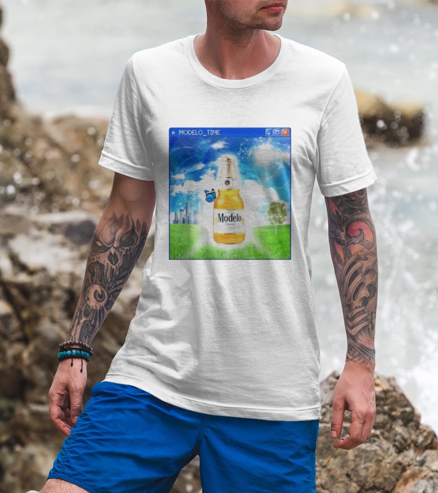 Modelo Time Frutiger Aero Aesthetic Butterfly Bottle Clouds Cityscape T-Shirt