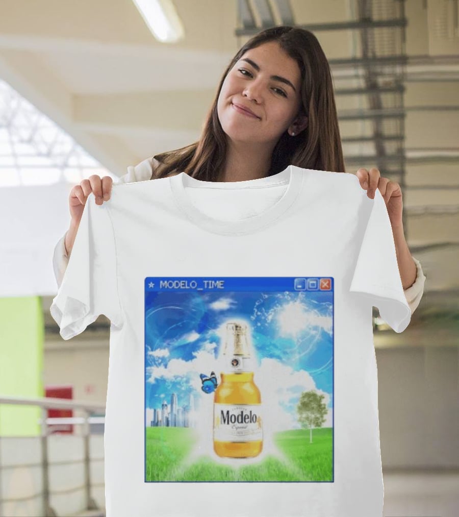 Modelo Time Frutiger Aero Aesthetic Butterfly Bottle Clouds Cityscape T-Shirt