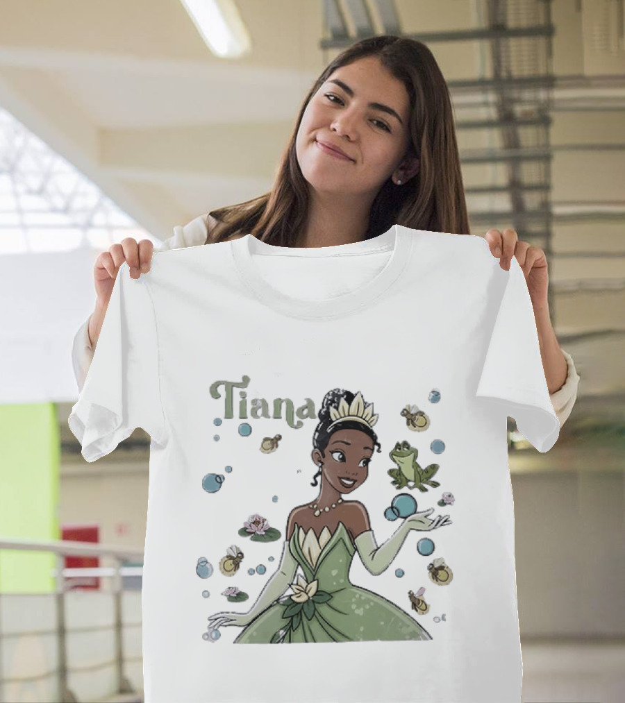 Tiana Disney Princess With Frog Fireflies And Water Lilies T-Shirt