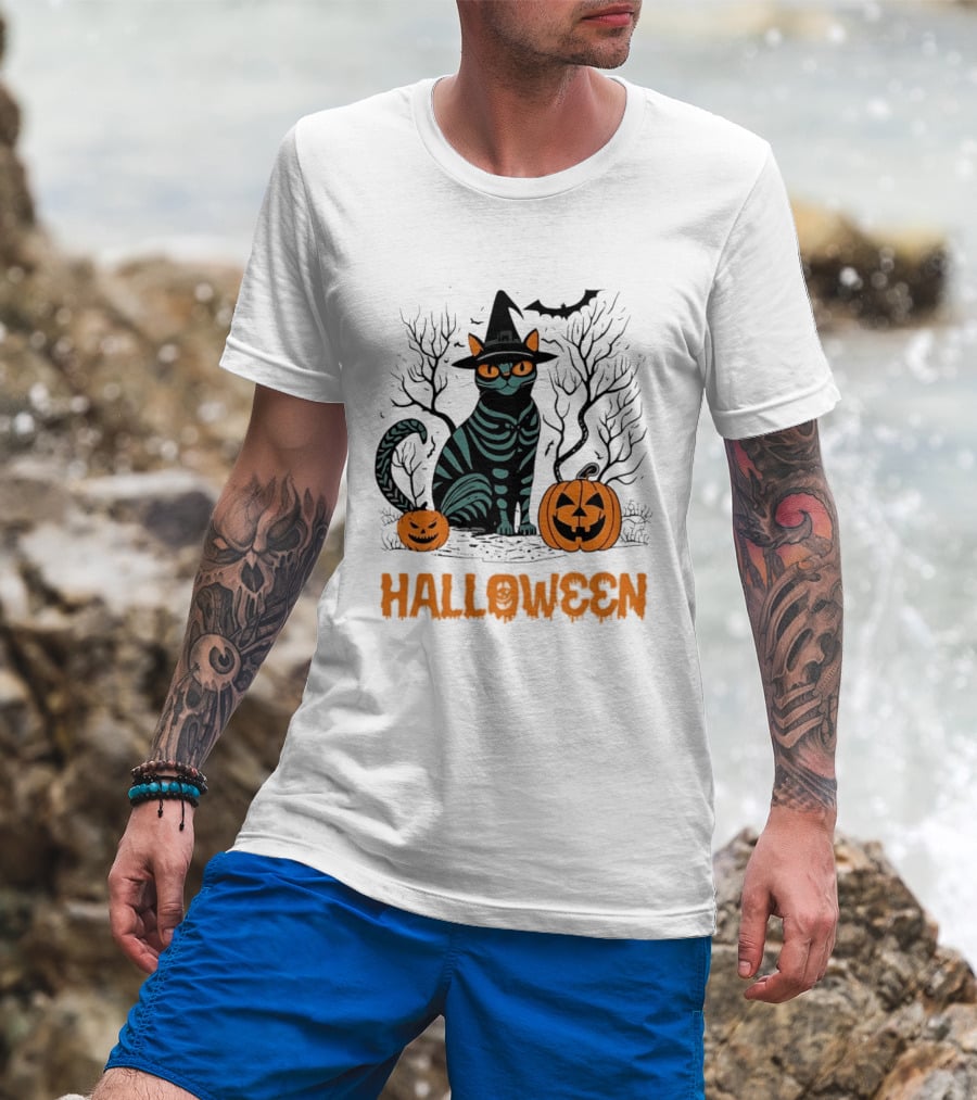 Halloween Skeleton Cat Witch Hat Pumpkins Spooky Forest Scene T-Shirt