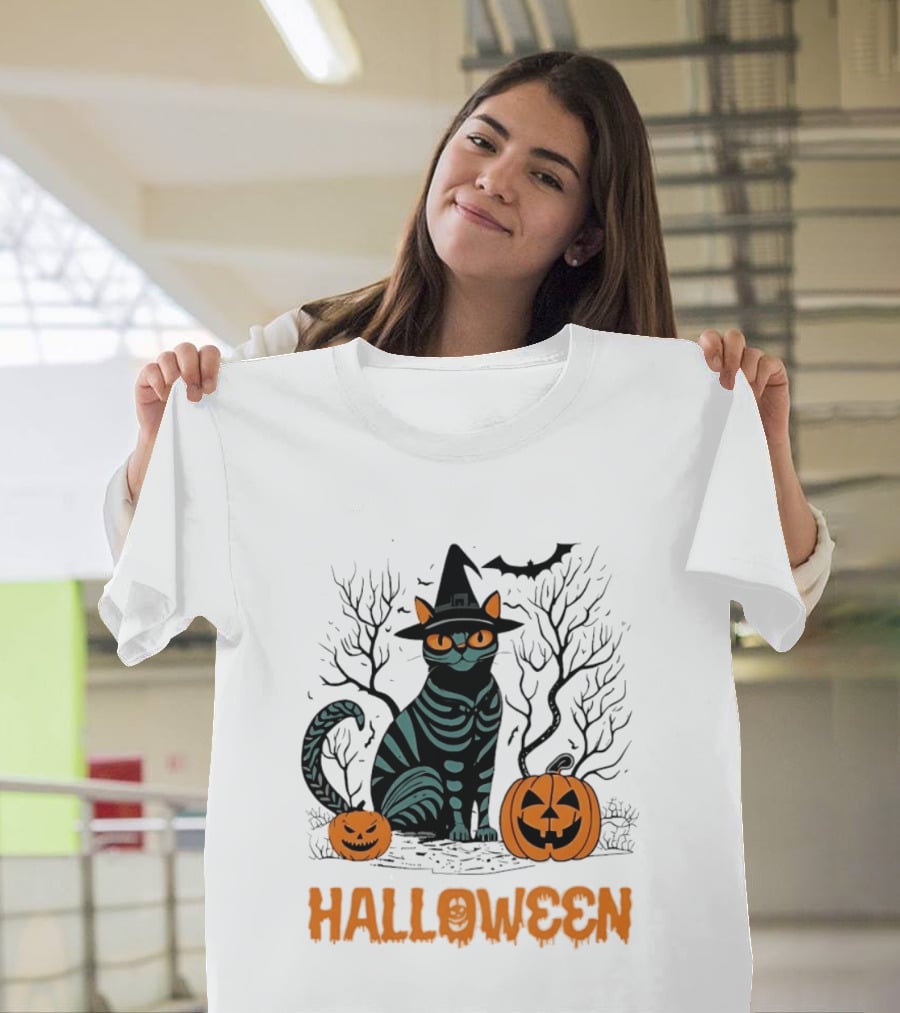Halloween Skeleton Cat Witch Hat Pumpkins Spooky Forest Scene T-Shirt