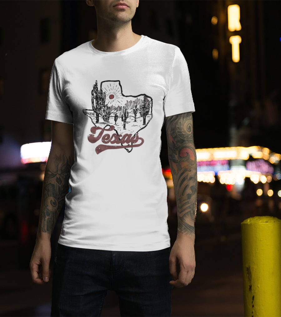 Texas Cacti Sun Rays Desert Scene Map T-Shirt