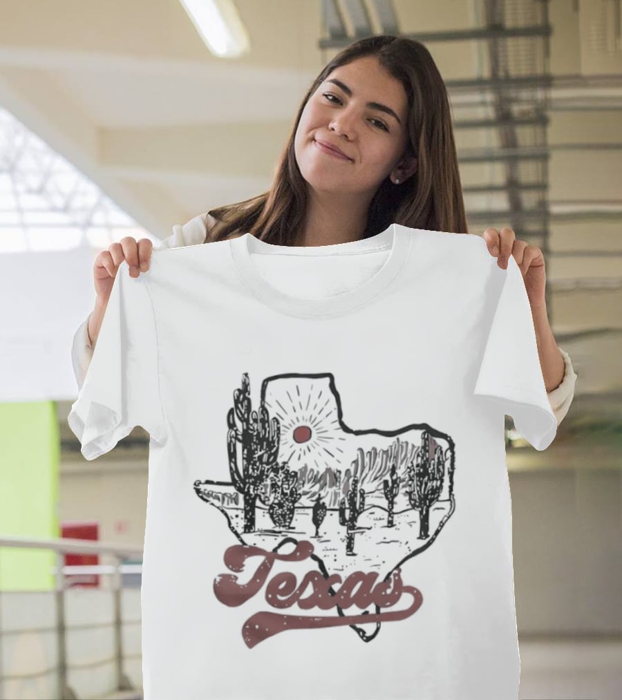 Texas Cacti Sun Rays Desert Scene Map T-Shirt