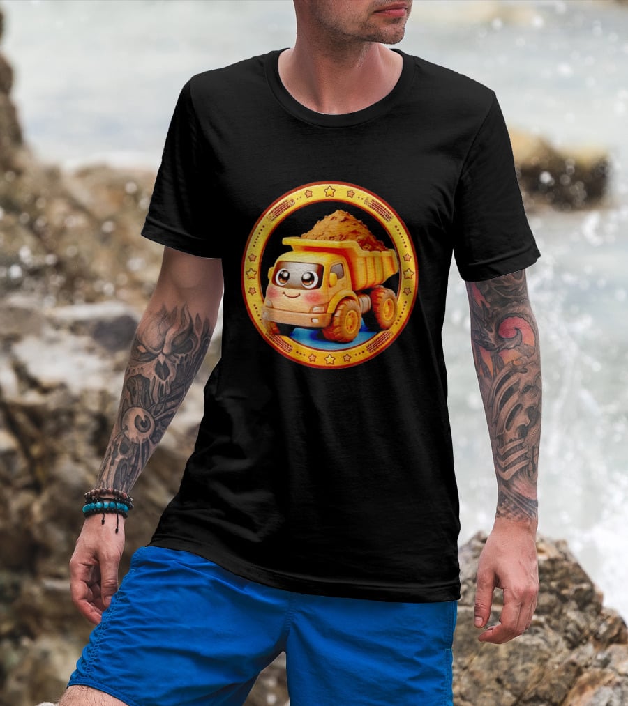 Yellow Dump Truck With Dirt Cute Construction Vehicle With Stars T-Shirt