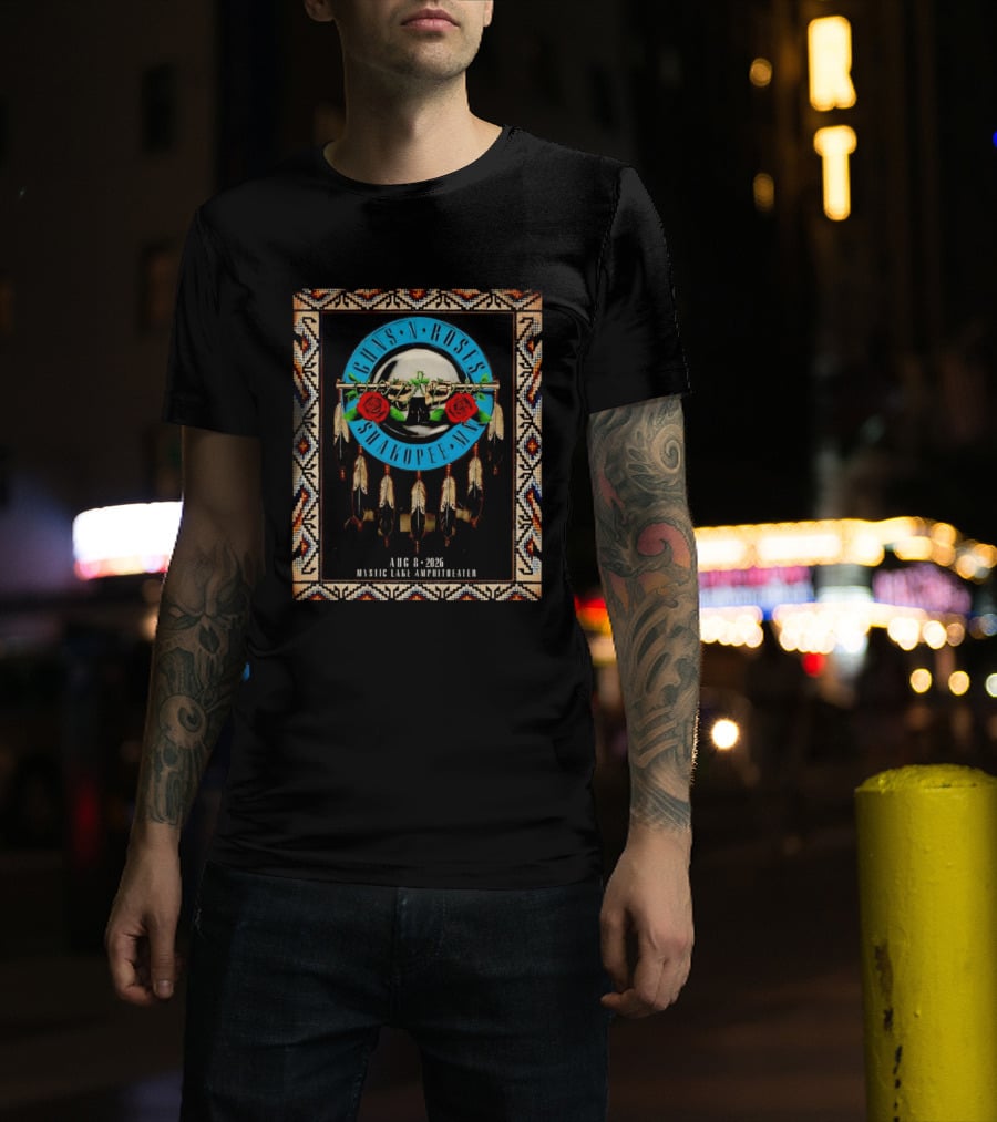 Guns N' Roses Shakopee MN August 8 2026 Mystic Lake Amphitheater Beaded Border Feathers Roses T-Shirt