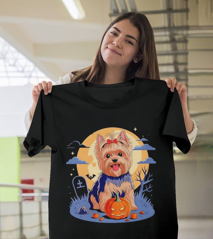 Yorkshire Terrier With Pumpkin On Spooky Halloween Night T-Shirt