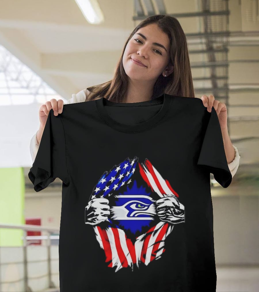 Seattle Seahawks American Flag Ripped Chest USA Fan Gear T-Shirt