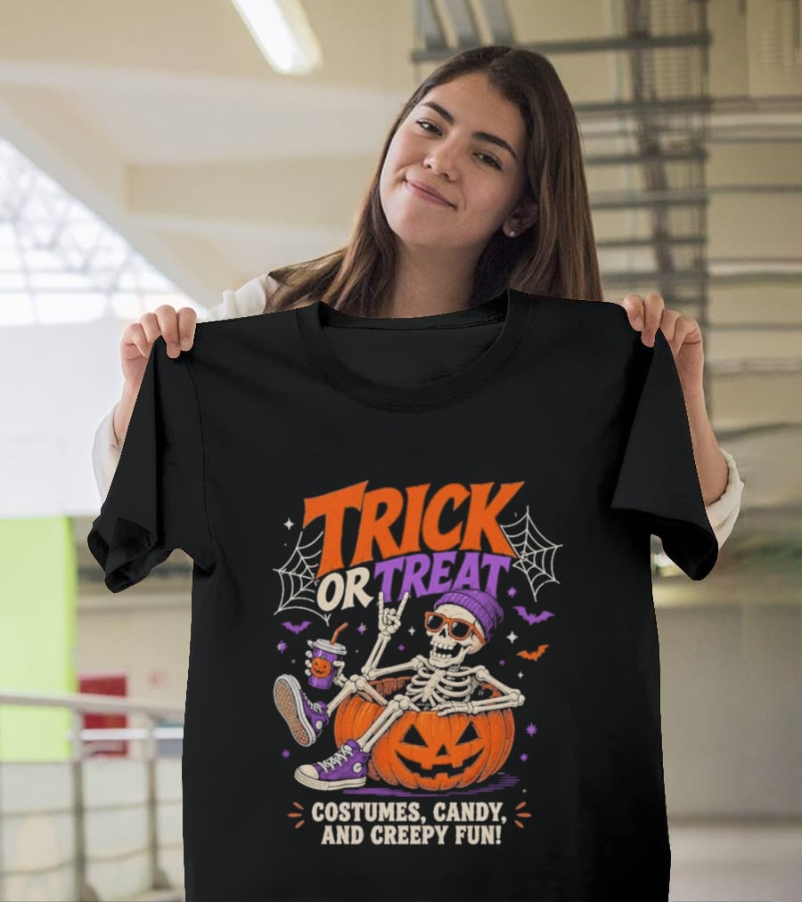 Skeleton Trick Or Treat Costumes Candy And Creepy Fun Halloween Party T-Shirt