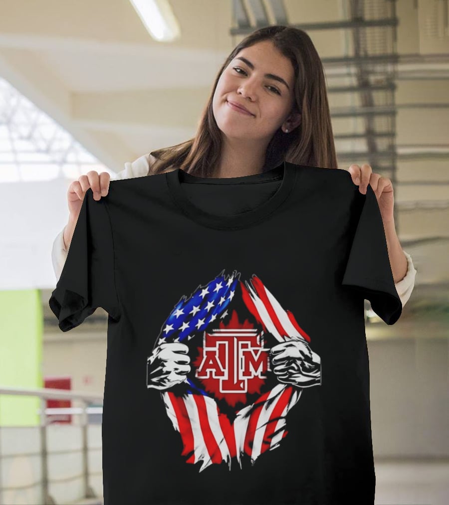 Texas A And M University Ripped Chest American Flag T-Shirt