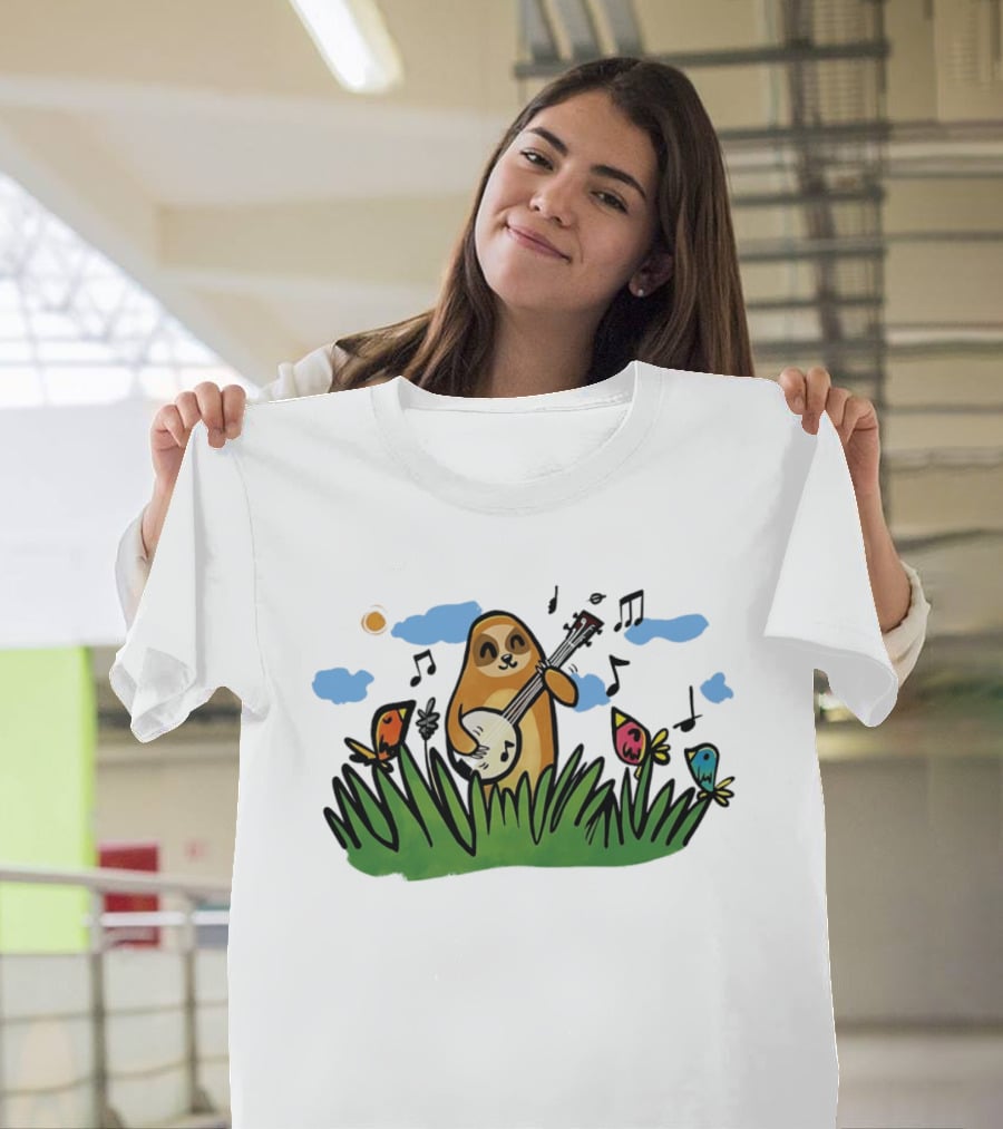 Sloth Happy Playing The Banjo With Singing Birds T-Shirt