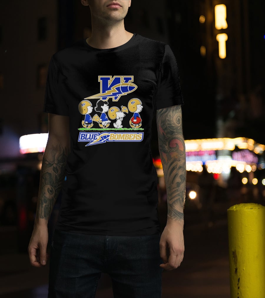 Peanuts Characters Winnipeg Blue Bombers CFL Collaboration Charlie Brown Snoopy Lucy Football Helmets T-Shirt