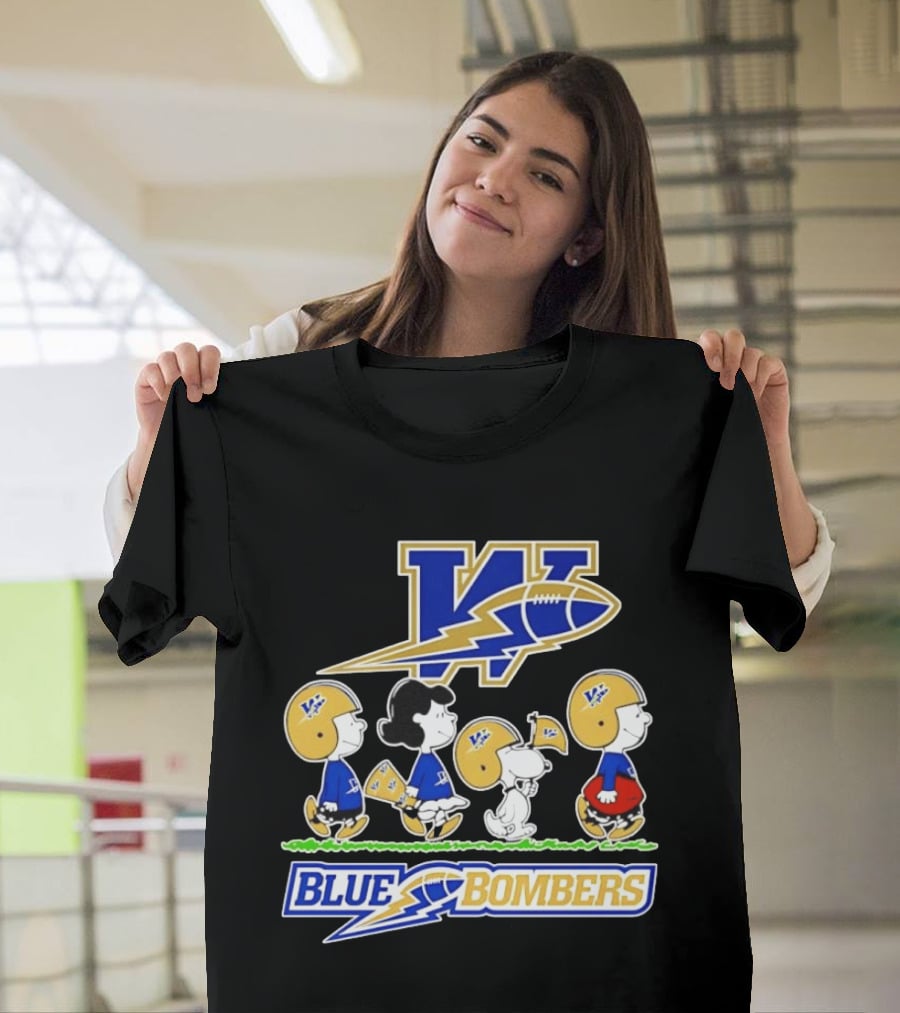Peanuts Characters Winnipeg Blue Bombers CFL Collaboration Charlie Brown Snoopy Lucy Football Helmets T-Shirt