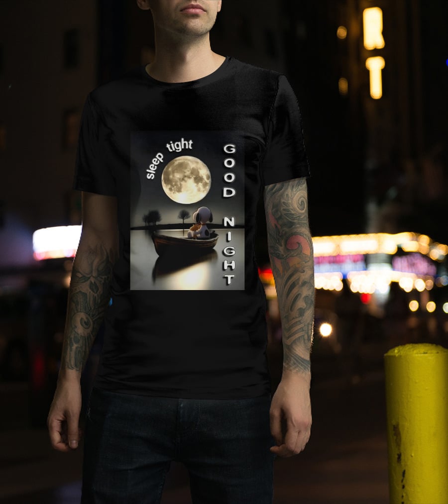 Sleep Tight Good Night Snoopy And Woodstock Moonlight Boat Scene T-Shirt