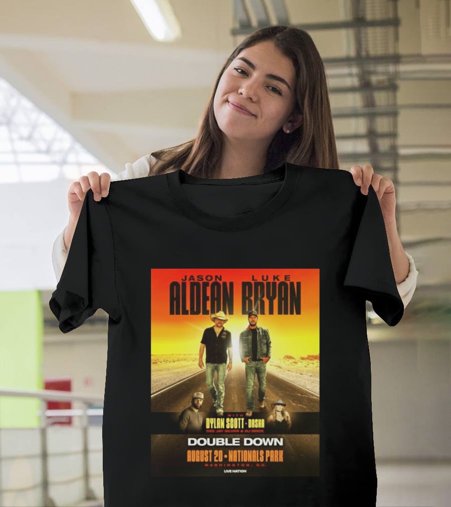 Jason Aldean Luke Bryan Double Down August 20 Nationals Park Washington D.C. With Dylan Scott Dasha Dee Jay Silver Dj Rock Live Nation T-Shirt