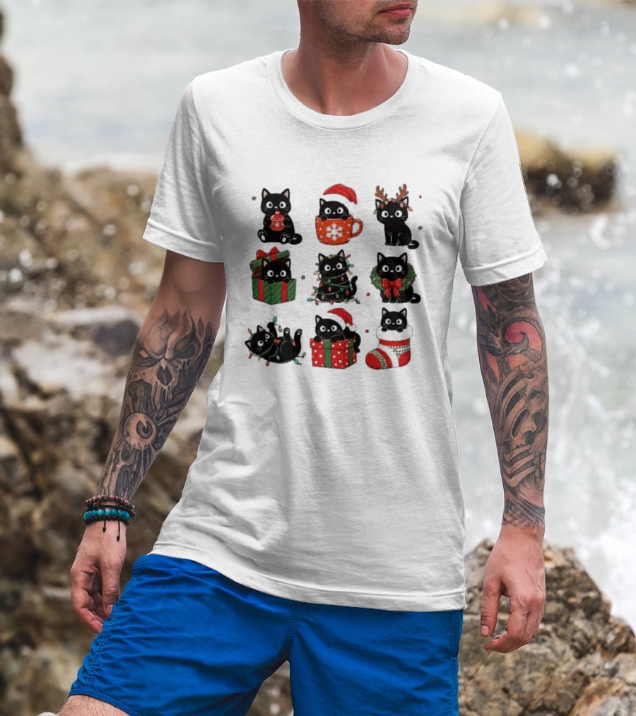 Black Cats Christmas Grid T-Shirt