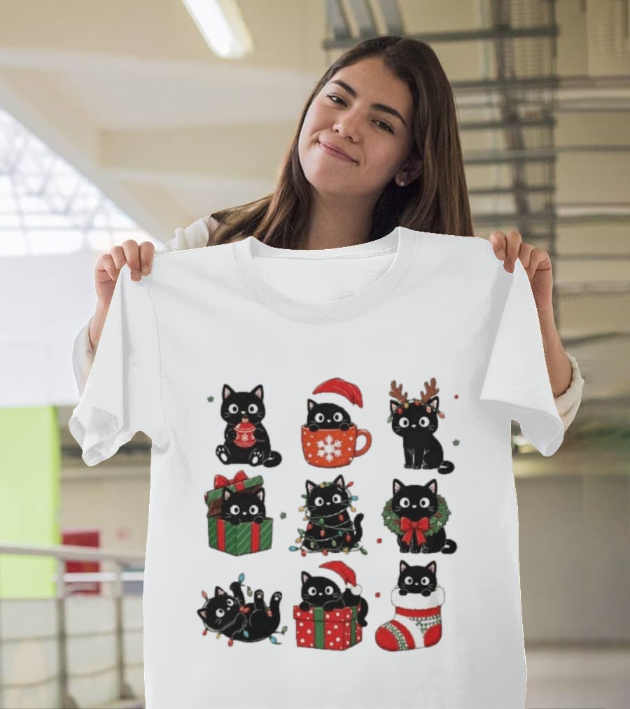 Black Cats Christmas Grid T-Shirt