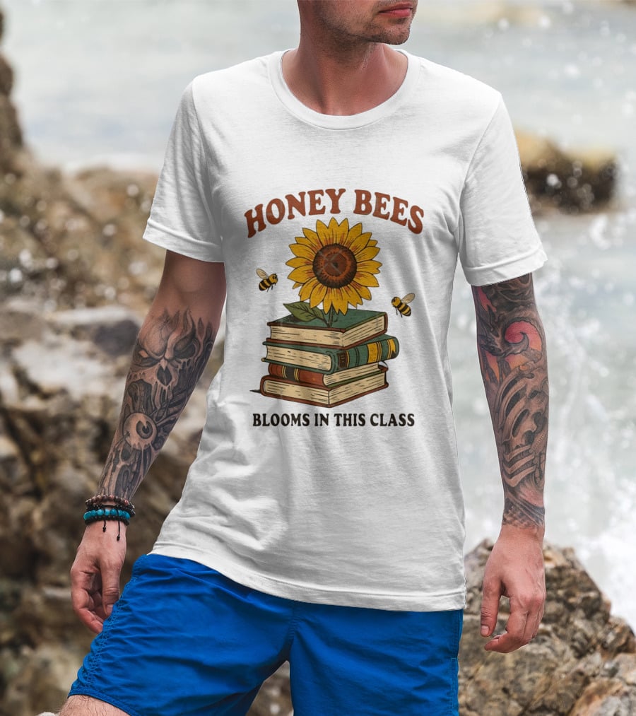 Honey Bees Blooms In This Class Sunflower And Books T-Shirt