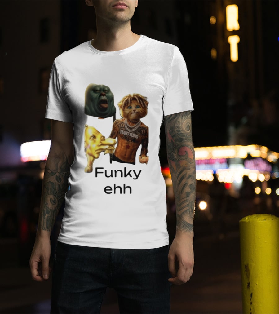 Neegy Funky Ehh Tung Tung Cat Tattoo Character Trio T-Shirt