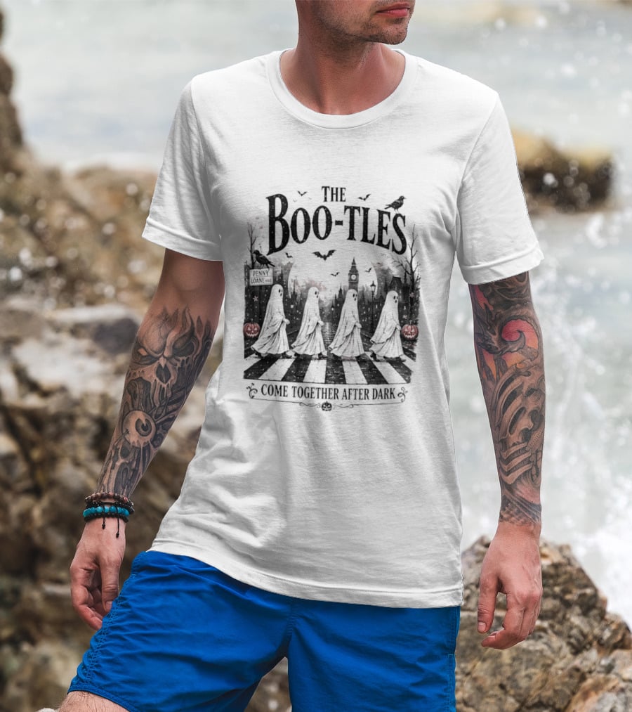 The Boo Tles Come Together After Dark Halloween Ghostly Abbey Road Bats Pumpkins T-Shirt