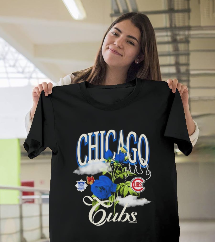 Chicago Cubs National League Blue Floral Rose Clouds T-Shirt