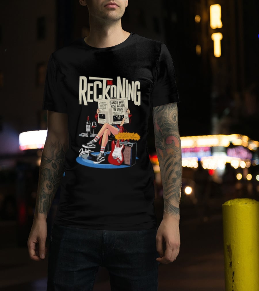 The Reckoning Bands Will Rise Again 2026 Woman Reading Newspaper Red Electric Guitar Amp T-Shirt