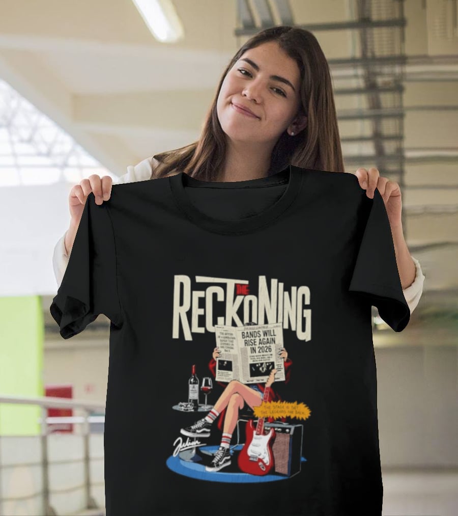 The Reckoning Bands Will Rise Again 2026 Woman Reading Newspaper Red Electric Guitar Amp T-Shirt