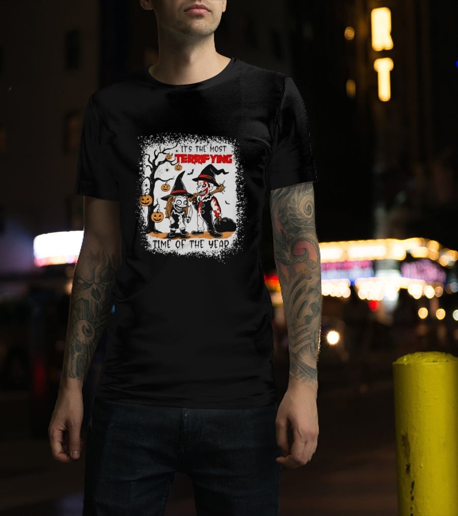 It's The Most Terrifying Time Of The Year Halloween Witch And Clown Axe Pumpkin T-Shirt
