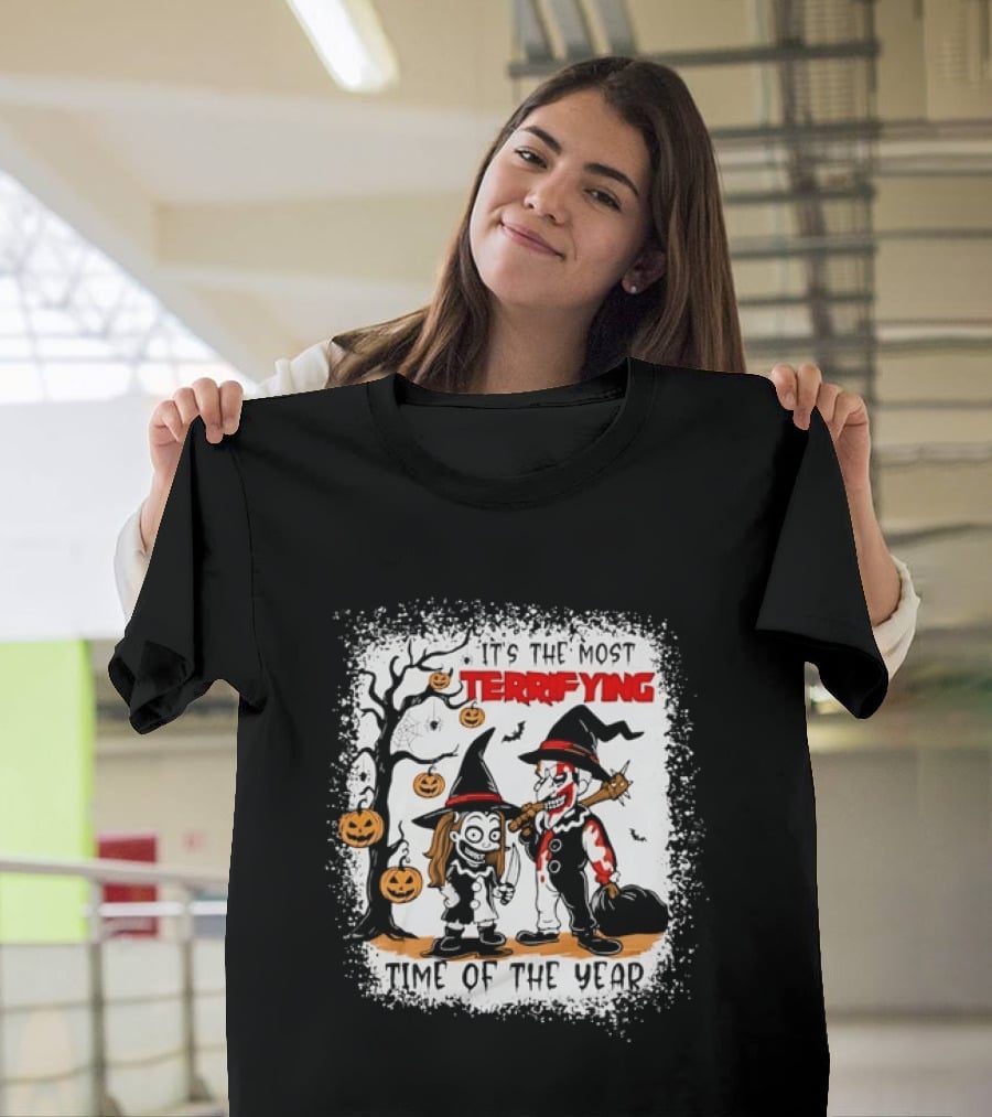 It's The Most Terrifying Time Of The Year Halloween Witch And Clown Axe Pumpkin T-Shirt