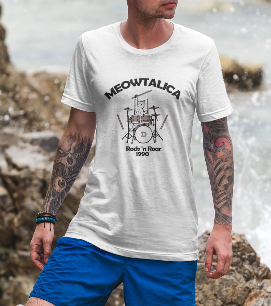 Meowtalica Rock 'n Roar 1990 Cat Drummer D T-Shirt