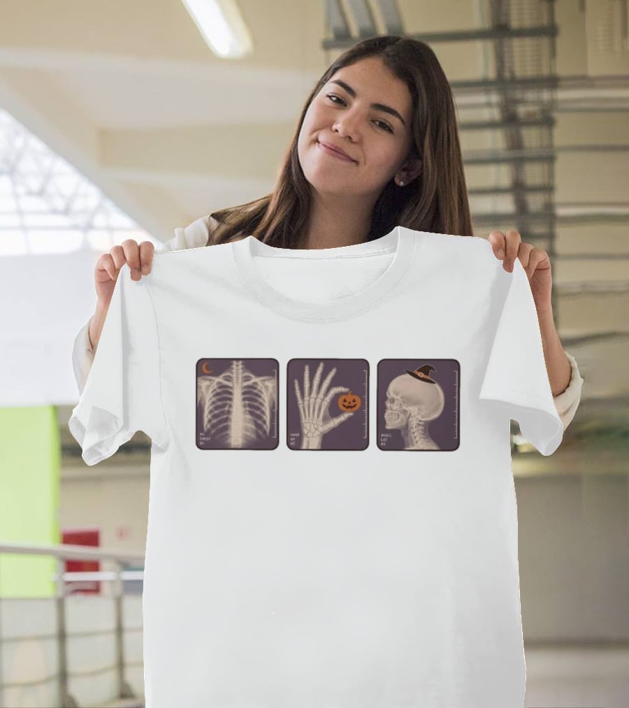X Ray Skeleton Halloween Chest Hand Pumpkin Skull Witch Hat T-Shirt