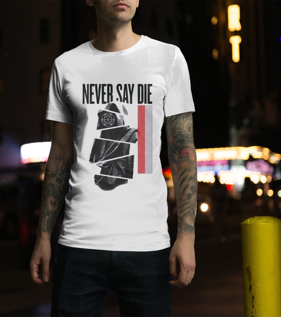Never Say Die Hooded Occult Figure With Pentagram Halftone T-Shirt