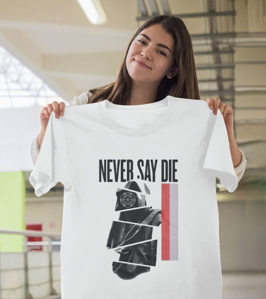 Never Say Die Hooded Occult Figure With Pentagram Halftone T-Shirt