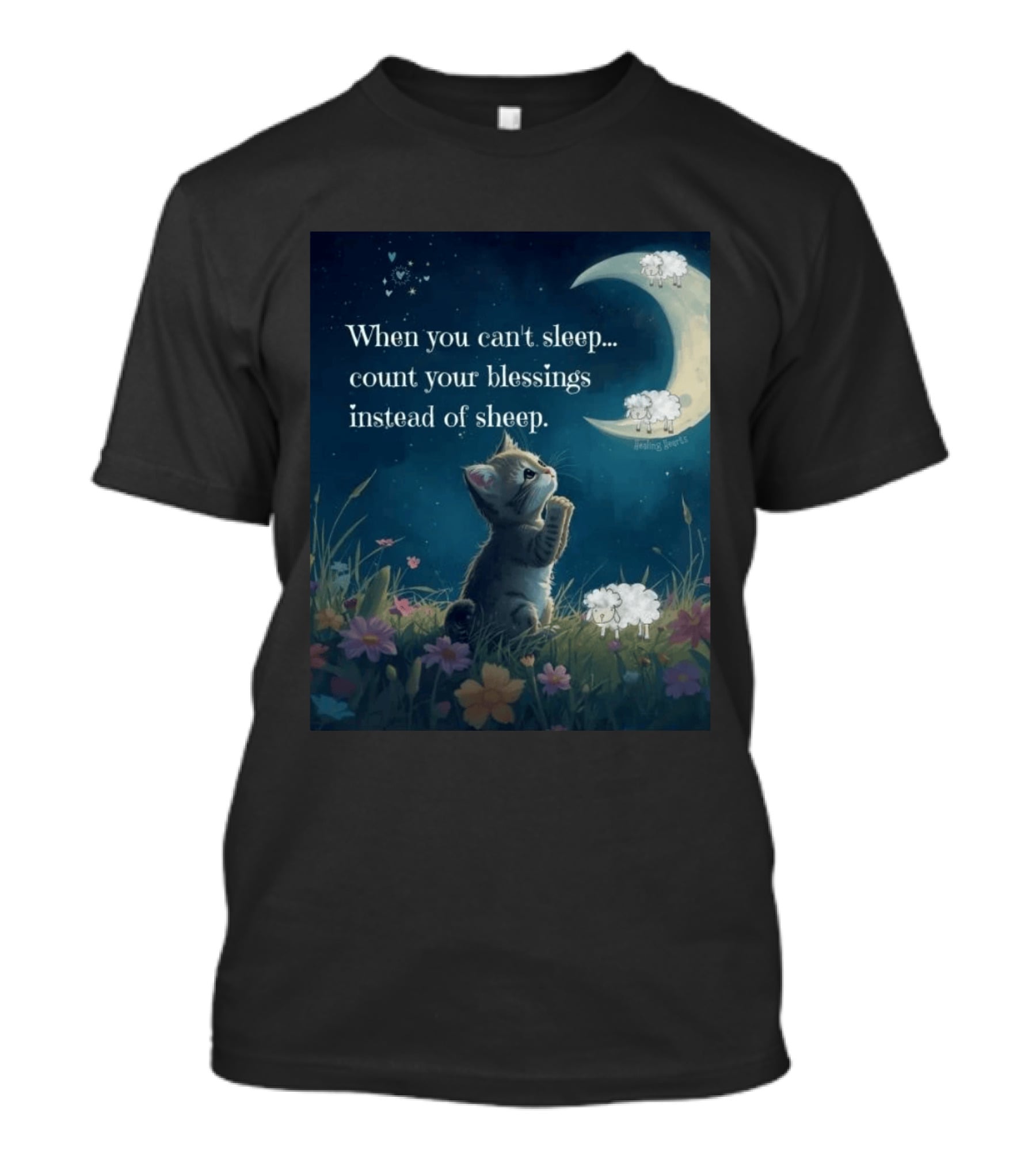 Cat When You Can't Sleep Count Your Blessings Instead Of Sheep Healing Vibes Moon Sheep Flowers T-Shirt