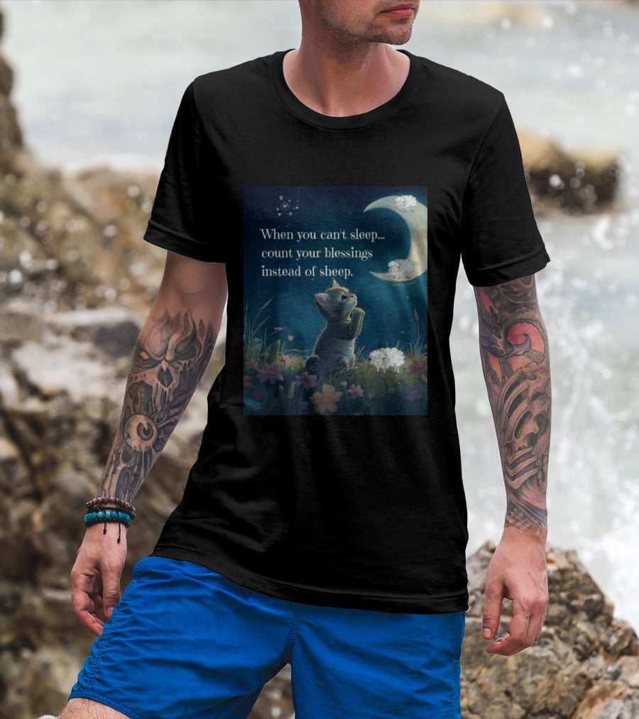 Cat When You Can't Sleep Count Your Blessings Instead Of Sheep Healing Vibes Moon Sheep Flowers T-Shirt