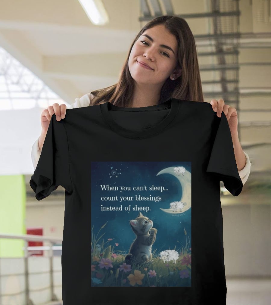 Cat When You Can't Sleep Count Your Blessings Instead Of Sheep Healing Vibes Moon Sheep Flowers T-Shirt