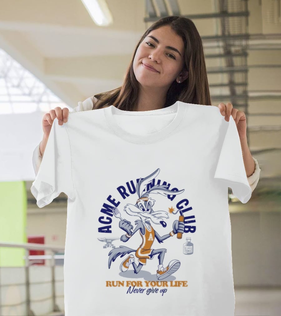 Acme Running Club Wile E Coyote Run For Your Life Never Give Up T-Shirt