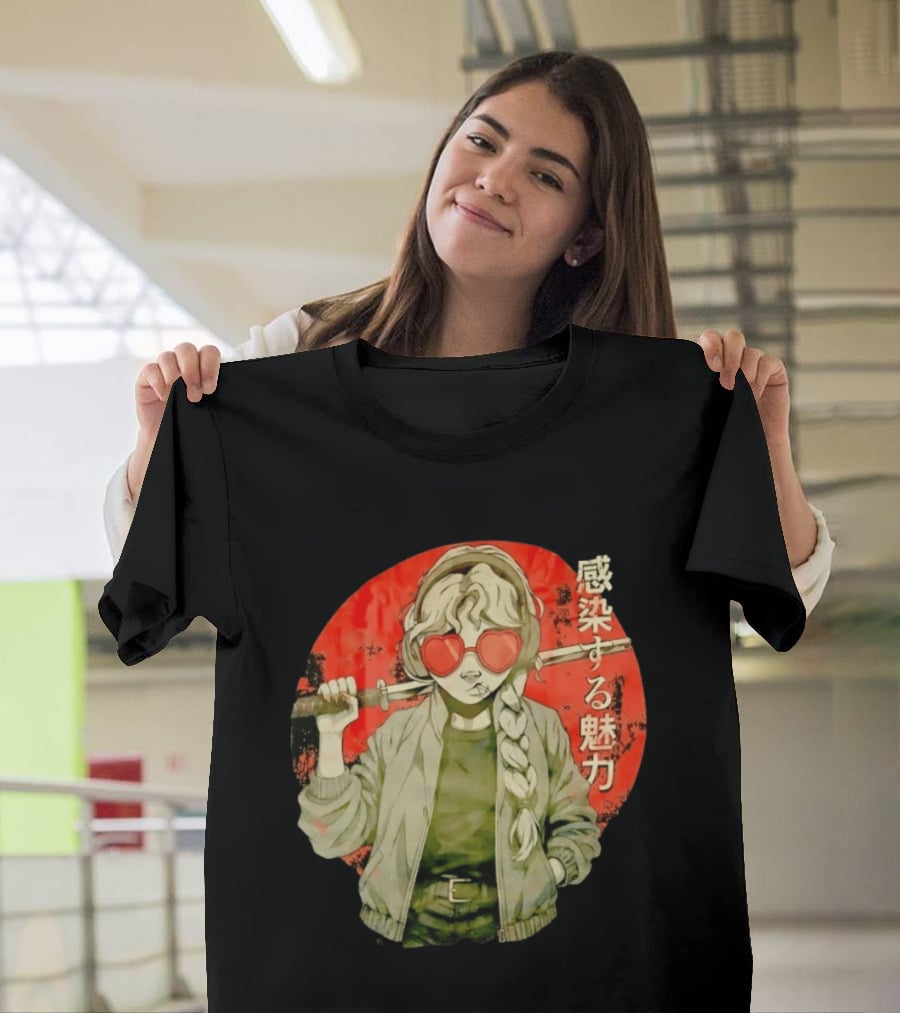 Anime Katana Girl Infectious Charm Heart Sunglasses Braided Hair T-Shirt