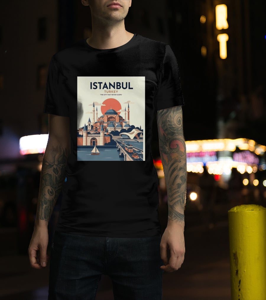 Istanbul Turkey The City That Never Sleeps Iconic Landmarks Urban Skyline Retro Style Scenic Tram And Sailboat T-Shirt